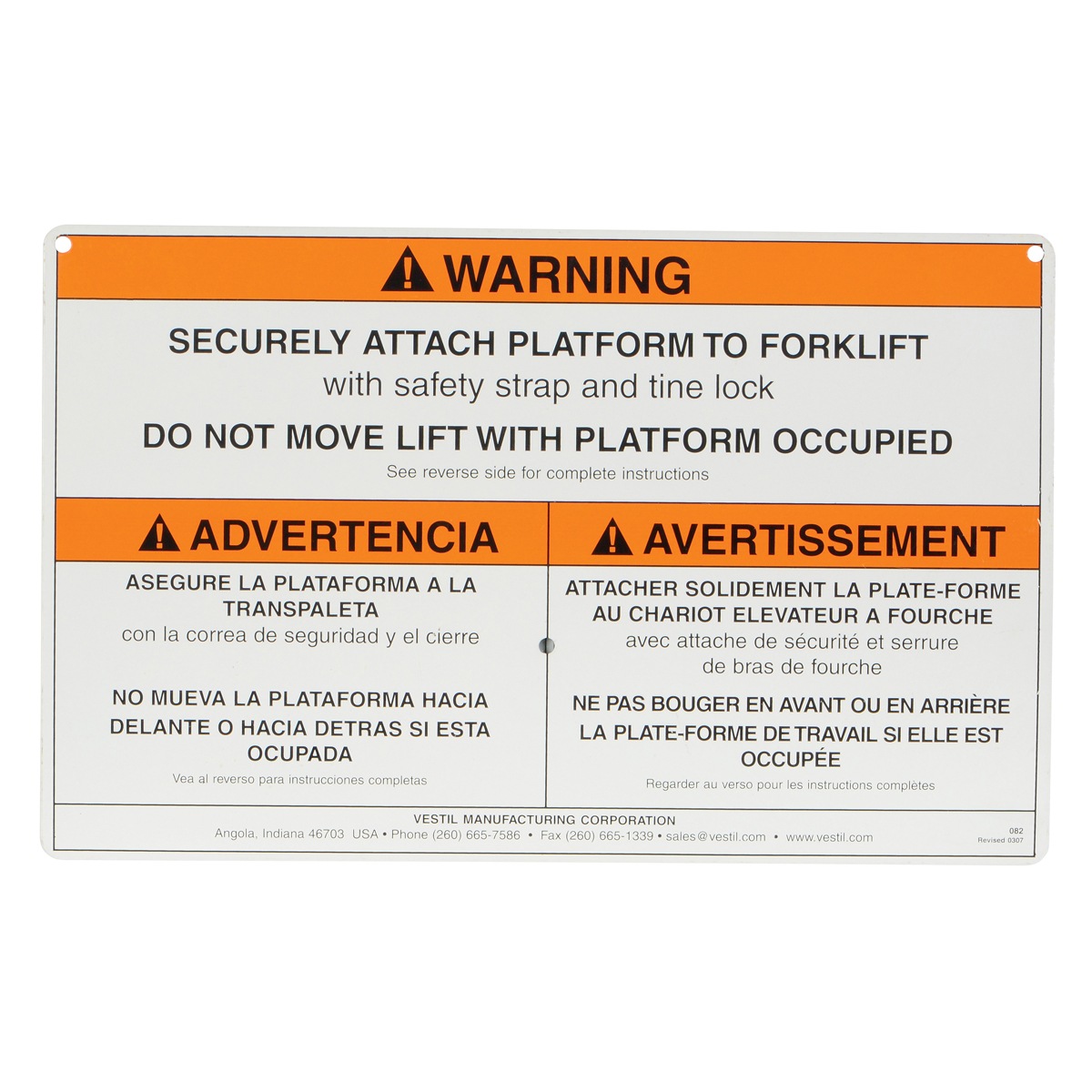 Vestil WP-WS Work Platform Warning Sign W/ Hardware - Industrial Supply ...